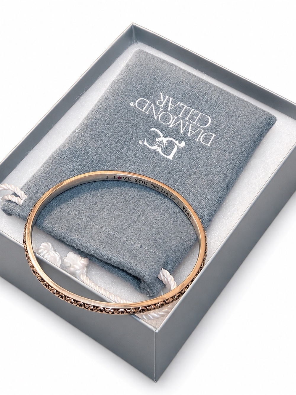 Rose Engraved Bangle Bracelet - I Love You Sterling Silver Diamond Cellar